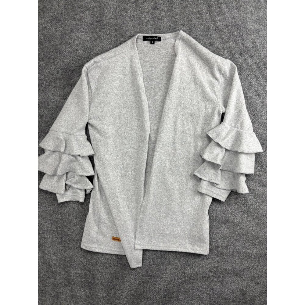 Simply Southern Sweater Womens Small Gray Open Front Ruffle‎ Sleeve Cardigan